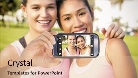  Presentation with breast cancer - Beautiful PPT layouts featuring hand holding smartphone showing against two smiling women wearing pink for breast cancer backdrop and a lemonade colored foreground