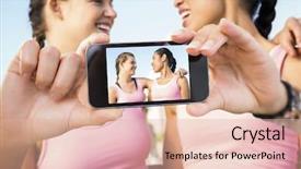  Presentation with breast cancer - Cool new PPT layouts with hand holding smartphone showing against two smiling women wearing pink for breast cancer backdrop and a lemonade colored foreground