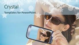  Presentation with hand holding colorful brain sketch - PPT layouts enhanced with hand holding smartphone showing photo background and a  colored foreground