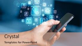  Presentation with smartphone app - PPT theme featuring hand holding smartphone with glowing background and a coral colored foreground