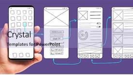  Presentation with mobile application - Cool new PPT theme with hand holding smartphone with wireframe backdrop and a light blue colored foreground