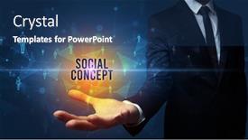  Presentation with social media - PPT theme featuring hand-holding-social-media-related background and a ocean colored foreground