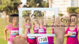  Presentation with breast cancer - Beautiful slide deck featuring hand holding tablet pc against cheering blonde winning breast cancer marathon backdrop and a coral colored foreground