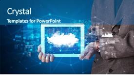  Presentation with healthcare technology internet of things cloud - Presentation design enhanced with mobile operating system - hand holding tablet with cloud background and a  colored foreground