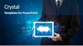  Presentation with cloud technology - Slide deck with mobile operating system - hand holding tablet with cloud background and a  colored foreground