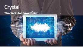  Presentation with cloud technology - Colorful slide set enhanced with mobile operating system - hand holding tablet with cloud backdrop and a  colored foreground