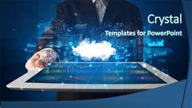  Presentation with healthcare technology cloud - PPT theme consisting of mobile operating system - hand holding tablet with cloud background and a ocean colored foreground