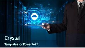  Presentation with mobile technology - Presentation having mobile operating system - hand holding tablet with cloud background and a navy blue colored foreground