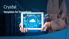  Presentation with cloud technology - Audience pleasing presentation consisting of hand holding tablet with cloud technology and dark concept backdrop and a navy blue colored foreground