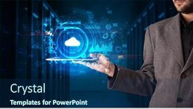  Presentation with cloud technology - Cool new slide deck with hand holding tablet with cloud technology and dark concept backdrop and a navy blue colored foreground