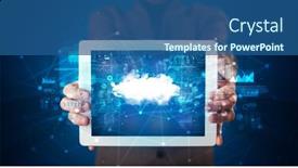  Presentation with cloud technology - Presentation consisting of hand holding tablet with cloud technology and dark concept background and a ocean colored foreground