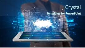  Presentation with cloud technology - Cool new PPT theme with hand-holding-tablet-with-cloud backdrop and a ocean colored foreground