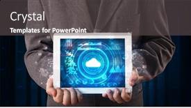  Presentation with cloud technology - Amazing slide deck having hand-holding-tablet-with-cloud backdrop and a dark gray colored foreground