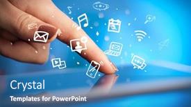  Presentation with application - Audience pleasing presentation design consisting of hand holding tablet with drawn multimedia and application icons backdrop and a teal colored foreground