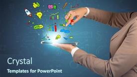  Presentation with doodles - Presentation having hand holding tablet with flying funny drawn doodles above background and a ocean colored foreground