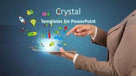  Presentation with doodles - Slide deck with hand holding tablet with flying funny drawn doodles above background and a ocean colored foreground