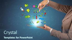  Presentation with doodles - Colorful presentation design enhanced with hand holding tablet with flying funny drawn doodles above backdrop and a ocean colored foreground