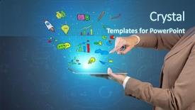  Presentation with doodles - Cool new presentation theme with hand holding tablet with flying backdrop and a  colored foreground