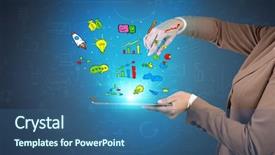  Presentation with doodles - Amazing PPT theme having hand holding tablet with flying backdrop and a  colored foreground