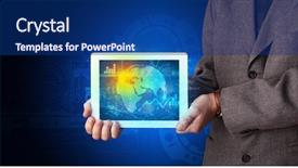  Presentation with database - Presentation enhanced with hand holding tablet with global background and a navy blue colored foreground