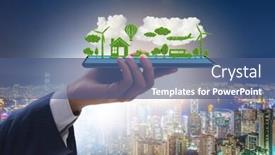  Presentation with tablet - Colorful presentation theme enhanced with hand holding tablet with mini ecosystem and clean energy backdrop and a ocean colored foreground
