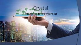  Presentation with tablet - PPT theme enhanced with hand holding tablet with mini ecosystem and clean energy background and a teal colored foreground