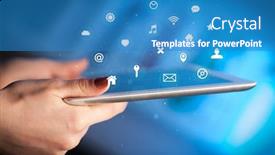  Presentation with application - Cool new PPT theme with hand holding tablet with multimedia and application symbols concept backdrop and a teal colored foreground