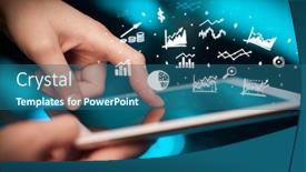 Presentation with business report - Presentation design enhanced with database - hand holding tablet with online background and a ocean colored foreground