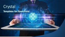  Presentation with data protection - Presentation design featuring hand holding tablet with online security and data protection concept background and a ocean colored foreground