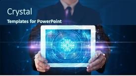  Presentation with data protection - Amazing presentation having hand holding tablet with online security and data protection concept backdrop and a ocean colored foreground