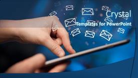  Presentation with communication - Cool new PPT layouts with holding tablet with online communication backdrop and a ocean colored foreground