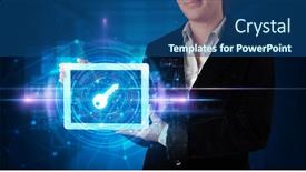  Presentation with data protection - Presentation enhanced with hand holding tablet with online security and data protection concept background and a ocean colored foreground