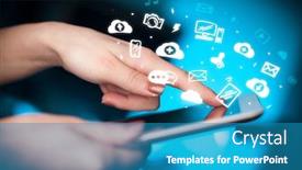  Presentation with social media - Colorful presentation enhanced with hand holding tablet with social media concept backdrop and a teal colored foreground