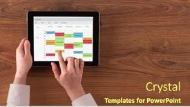  Presentation with hands holding black tablet - Amazing presentation having hand holding tablet with timetable and calendar concept backdrop and a tawny brown colored foreground