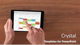  Presentation with tablet - Colorful theme enhanced with hand-holding-tablet-with-timetable backdrop and a tawny brown colored foreground