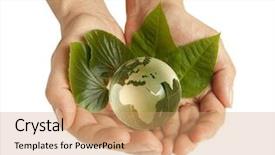  Presentation with hand holding earth - Cool new slides with hand holding the green earth backdrop and a coral colored foreground