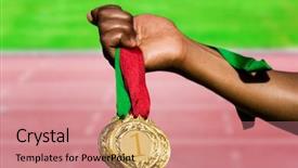  Presentation with race track - Presentation theme consisting of hand holding three gold medals background and a coral colored foreground