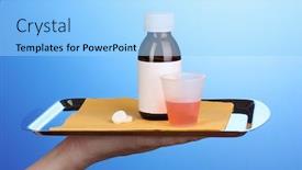  Presentation with medicines - Slide deck having hand holding tray with medicines on blue background background and a light blue colored foreground