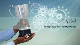  Presentation with digital instruction - PPT theme with hand holding trophy against gears background and a light blue colored foreground