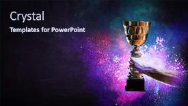  Presentation with gold trophy - Colorful PPT theme enhanced with hand-holding-up-a-gold backdrop and a wine colored foreground