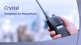  Presentation with cityscape - Audience pleasing presentation design consisting of hand holding walky talky with cityscape as background backdrop and a sky blue colored foreground