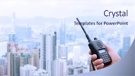 Presentation with cityscape - Cool new slide deck with hand holding walky talky with cityscape as background backdrop and a sky blue colored foreground