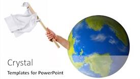  Presentation with hand holding earth - Theme consisting of hand-holding-white-flag-asking background and a white colored foreground