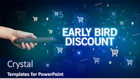  Presentation with early bird - Presentation theme having hand-holding-wireless-peripheral background and a navy blue colored foreground