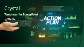  Presentation with action plan - Audience pleasing presentation theme consisting of hand-holding-wireless-peripheral backdrop and a forest green colored foreground
