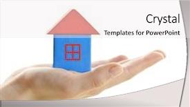  Presentation with white house - Slide set consisting of hand holding wooden block house background and a white colored foreground