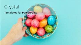  Presentation with easter basket - Slide deck with hand holds a full basket with colorful easter eggs for easter background and a arctic colored foreground