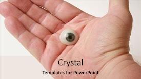  Presentation with eye glass - PPT theme having hand holds a genuine glass background and a coral colored foreground