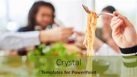  Presentation with dining table - Slide deck enhanced with hand-holds-spaghetti-with-tomato background and a gold colored foreground