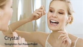  Presentation with oral cancer teeth - PPT theme having hand hygeine - young woman flossing her teeth background and a coral colored foreground